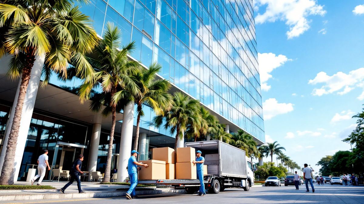 Movers carrying chairs and monitors into a new Hyderabad office tower