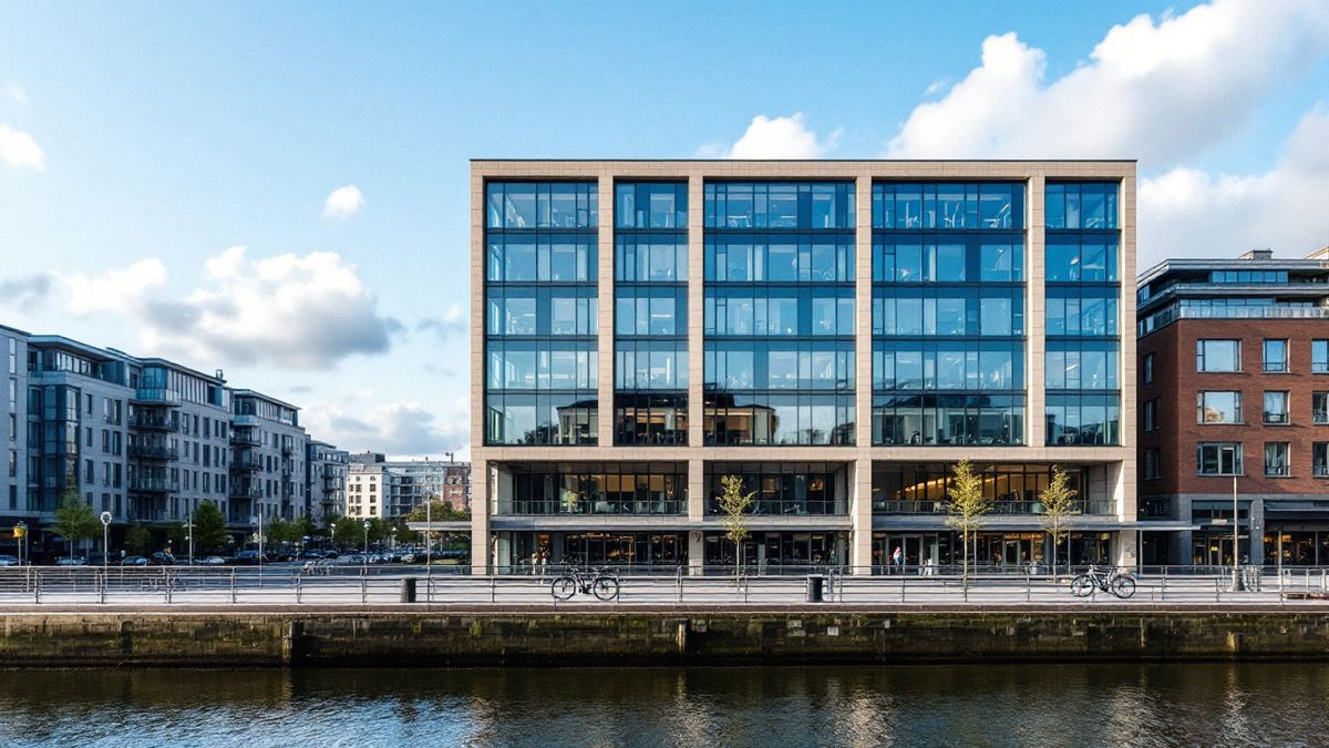 A modern glass office building on a river quay in Dublin on a bright morning