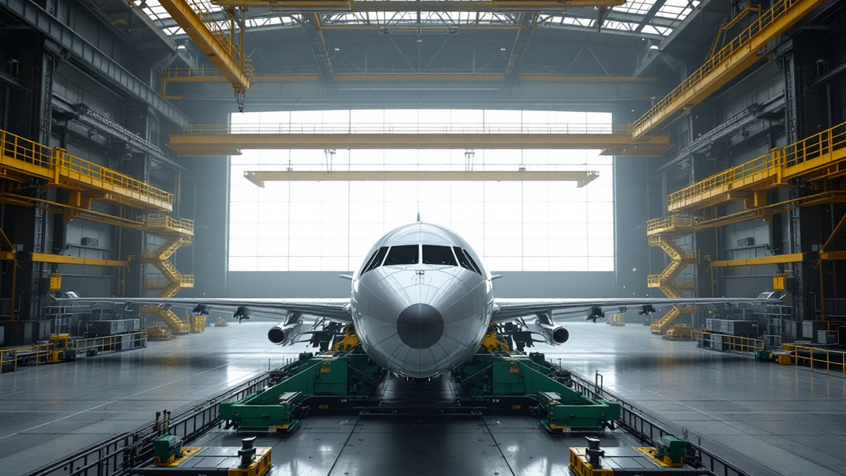 An aircraft fuselage and wing section held in an assembly jig inside a vast aircraft assembly hall