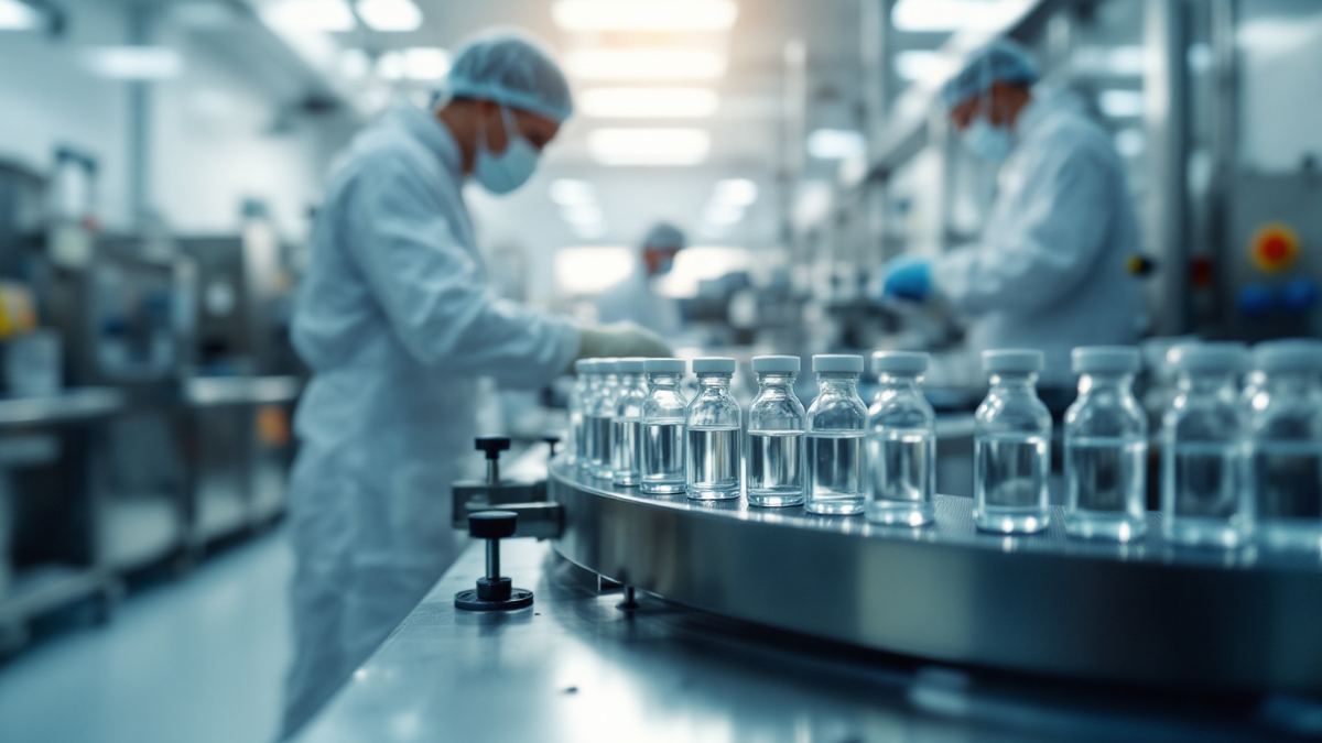 Pharma clean room filling vials, suited technicians far off