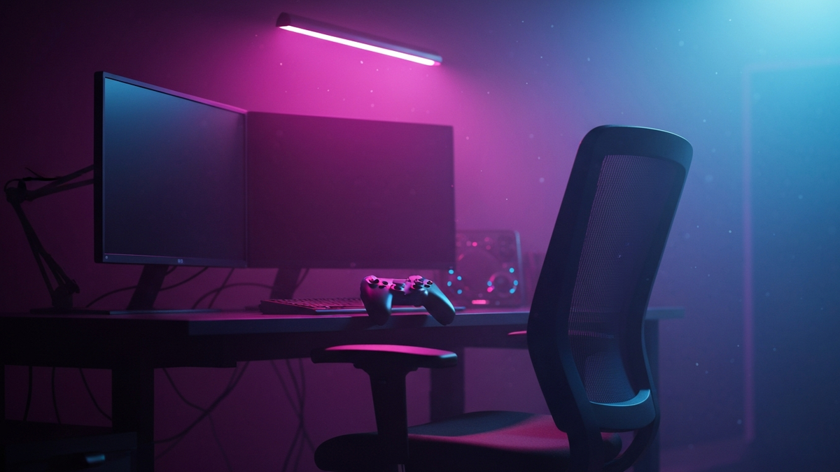 A darkened video-game studio workstation lit by magenta and blue neon, with dark monitors and an empty chair, evoking studio layoffs.