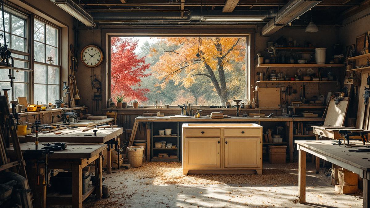 Small Canadian cabinet shop, autumn maples outside