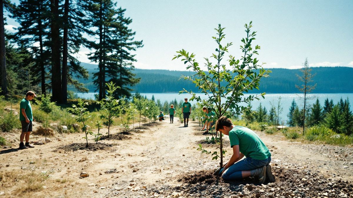 Student summer workers planting trees by a Canadian lake, small in frame