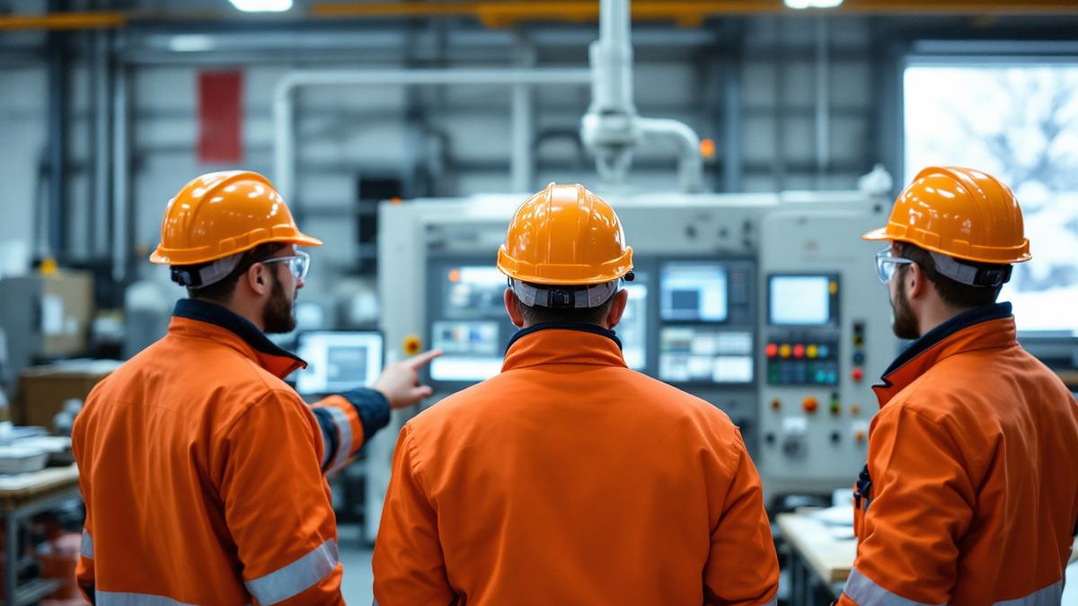 An instructor and two factory workers in hard hats and orange jackets at a machine control panel during a training session