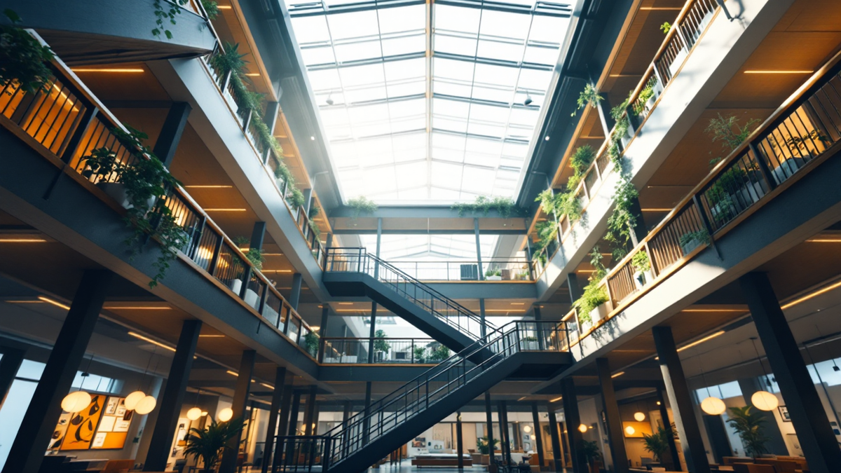 Co-working atrium at first light, open staircase rising through planted balconies under a glazed roof
