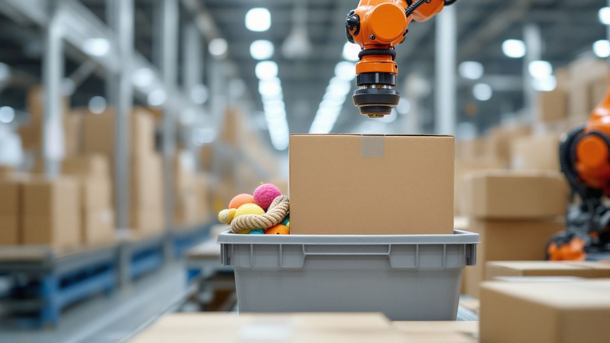 A robotic arm picking a box beside a tote of pet toys in a fulfilment centre