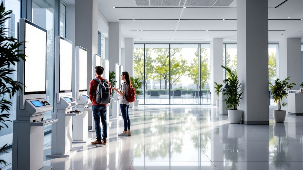 Two job seekers using self-service job-matching kiosks in a bright, modern job centre