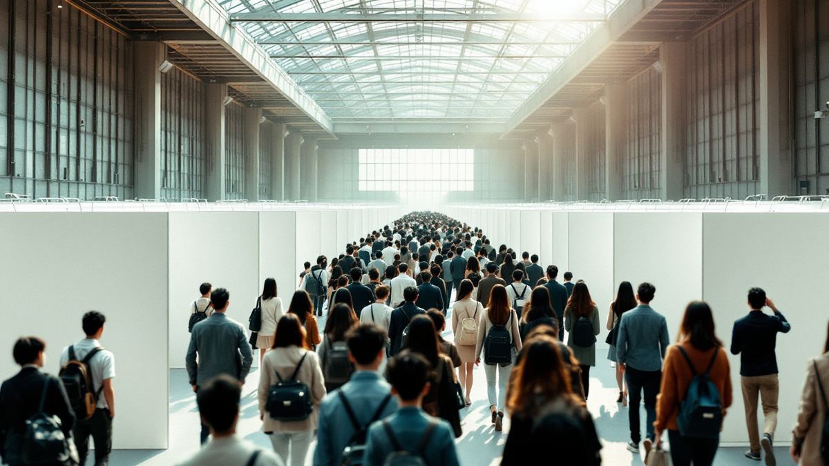 Young job seekers walking between booths at a large graduate job fair hall