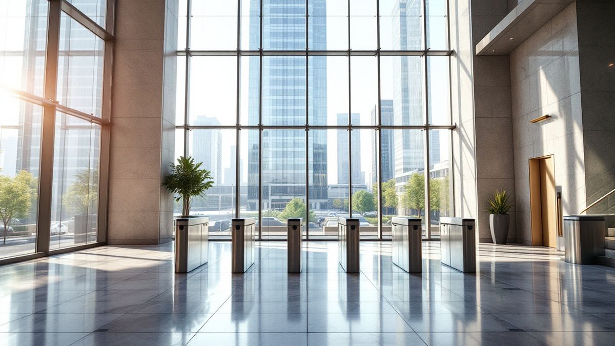Empty Uptown Charlotte office tower lobby in morning sun