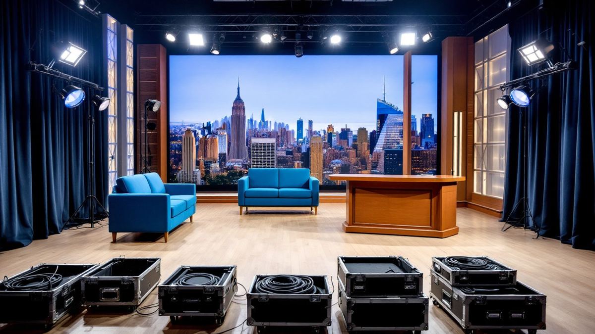 A brightly lit late night talk show set with a host desk and blue sofas as road cases are packed