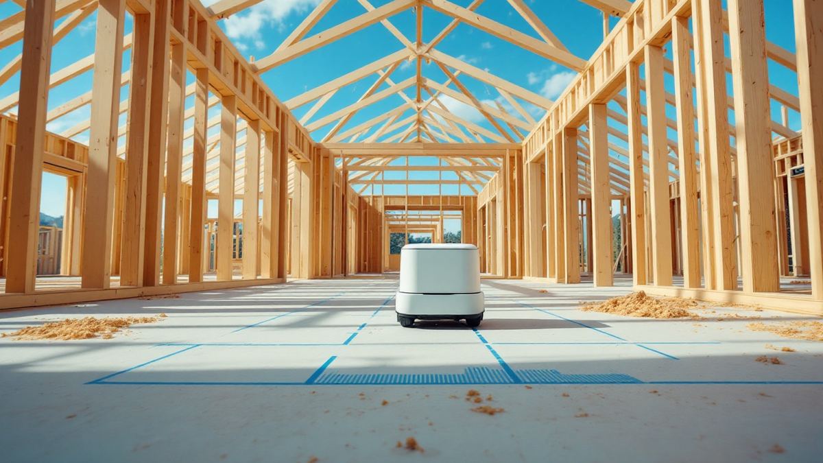 A small layout robot printing blue guide lines on the concrete slab of a timber-framed house