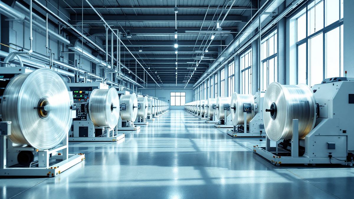 Rows of winding machines holding large spools of glass optical fiber in a bright factory