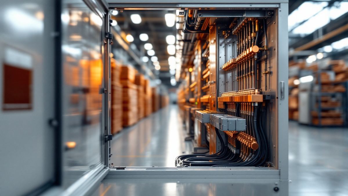 Copper busbars and cables inside an open electrical switchgear cabinet on a factory floor