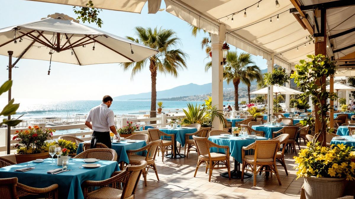 A Cyprus seafront cafe with a waiter setting tables, seen from behind
