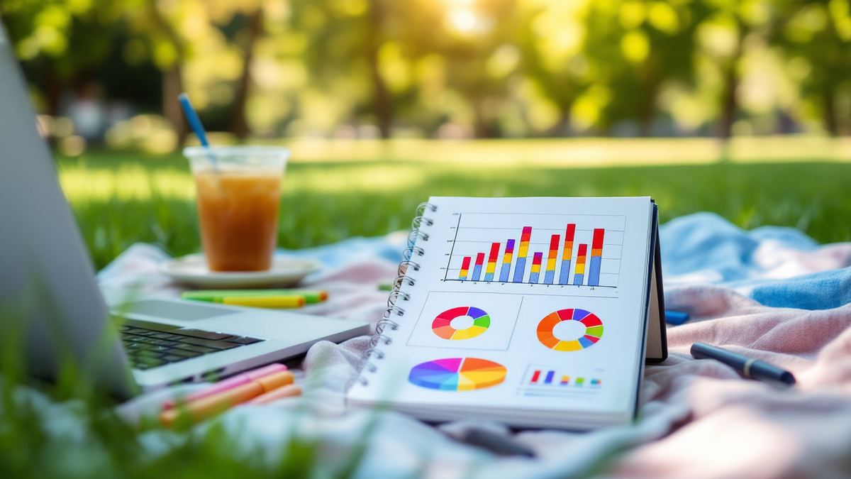 A notebook of colorful hand-drawn charts beside a laptop and iced coffee on a park picnic blanket