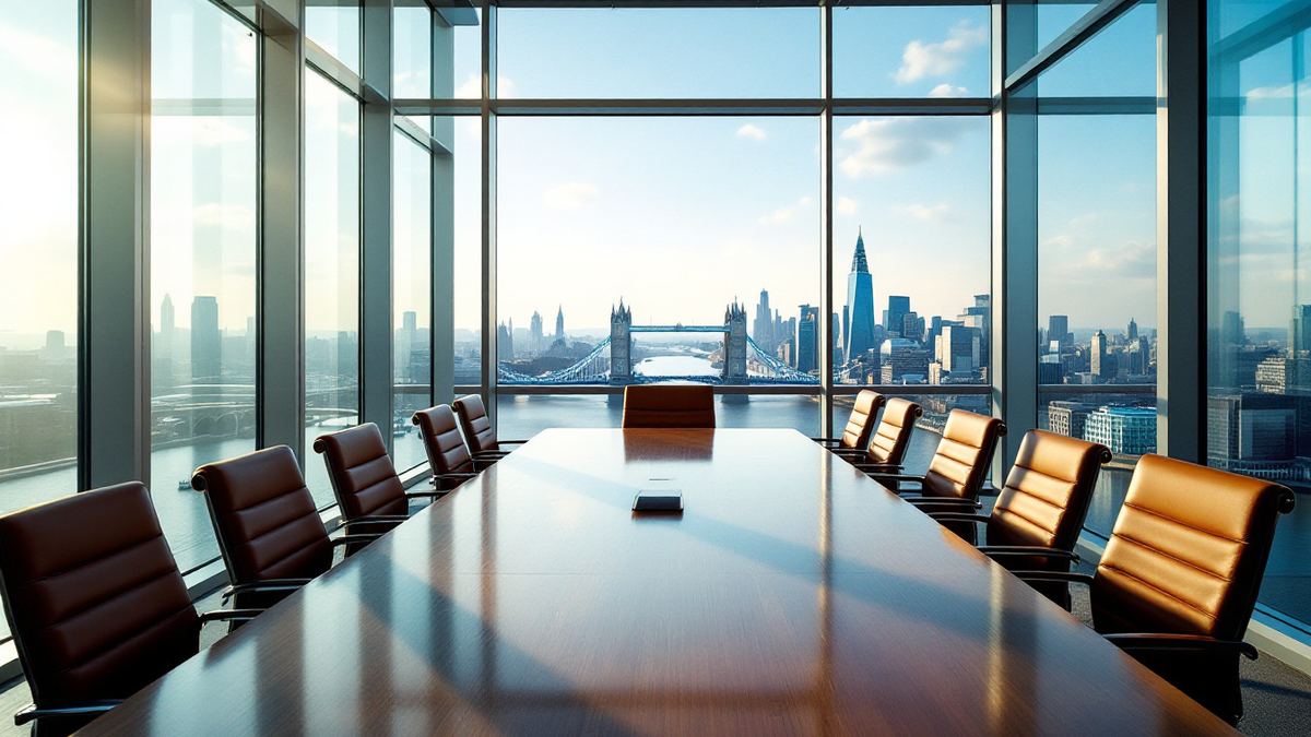 An empty boardroom overlooking the Thames and Tower Bridge