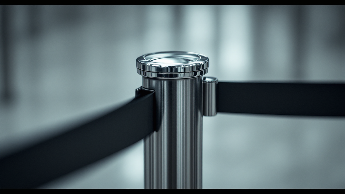 Close view of a chrome queue barrier post and its retracted belt