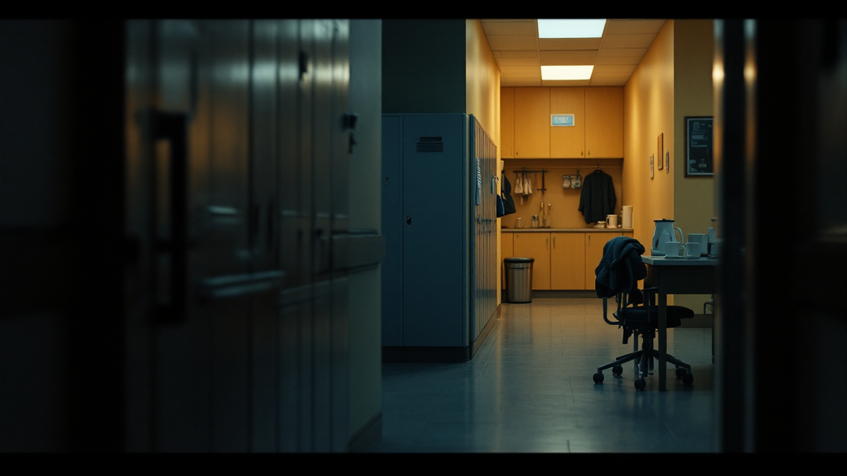 Hospital staff lounge seen from a dark corridor, lockers and a warmly lit counter beyond