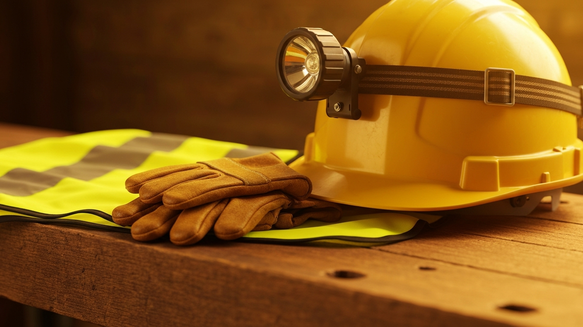 Yellow hard hat, safety vest and gloves for mine safety training