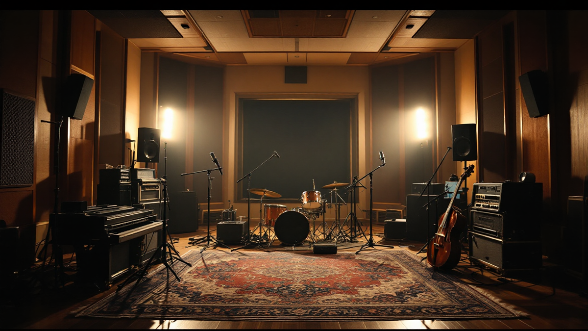 Recording studio live room, instruments on stands and microphones on booms under warm light