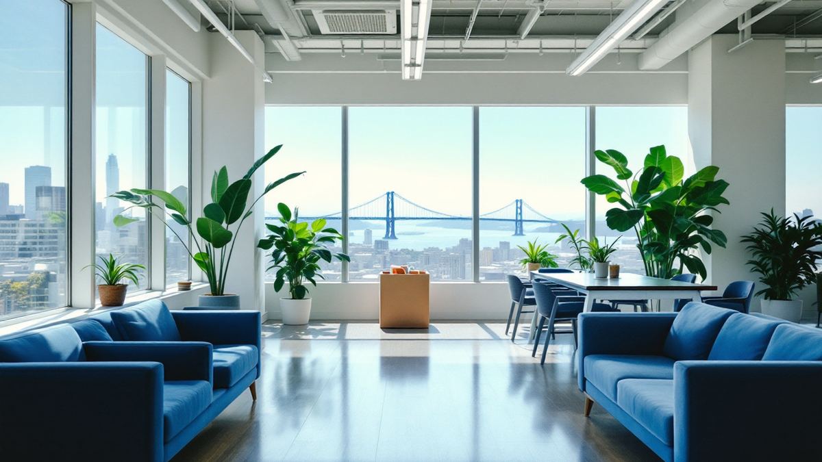 Empty San Francisco tech office, a box of desk items, Bay Bridge view