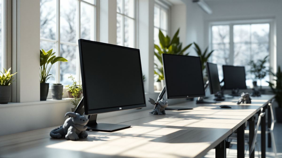 Empty game studio desks with switched-off monitors and small clay creature sculpts in winter daylight