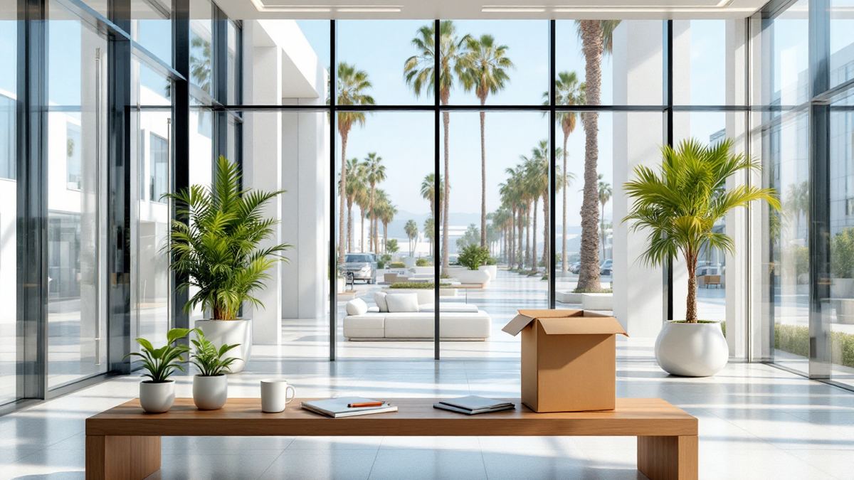 A cardboard box of personal belongings on a wooden bench in a sunny glass lobby of a California tech campus