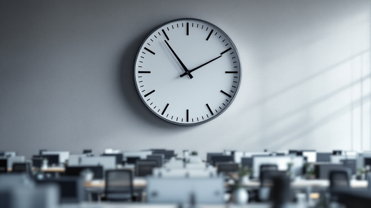 A large wall clock above an empty open plan office floor