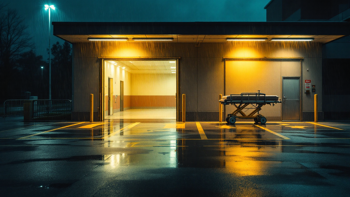 Hospital ambulance bay at night in the rain, doors open with warm light on wet tarmac