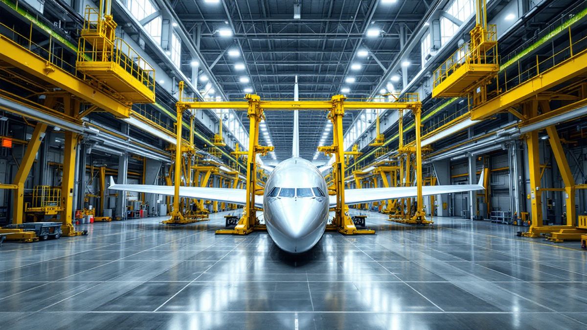 An aircraft held in yellow steel wing assembly jigs in a bright aircraft factory hall