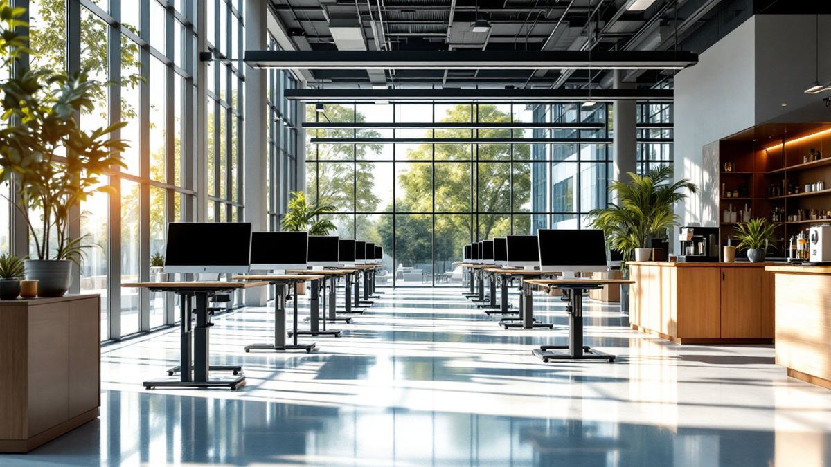 A bright open plan technology office with rows of desks and a coffee bar beside tall windows