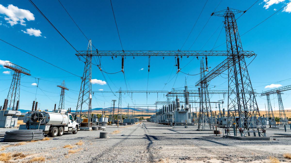 An electricity substation with steel gantries and transformers under a clear blue sky