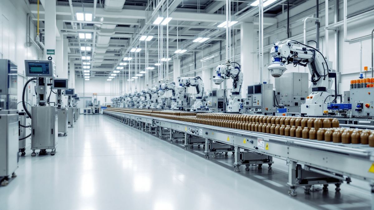 Artillery propellant charge canisters on a conveyor beside robotic arms in a clean production hall