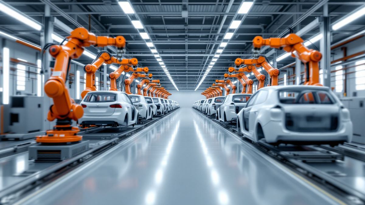 White car bodies moving along an assembly line between orange welding robots
