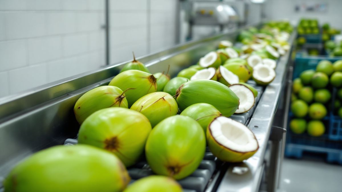 Green coconuts and opened coconuts on a stainless steel conveyor in a food factory