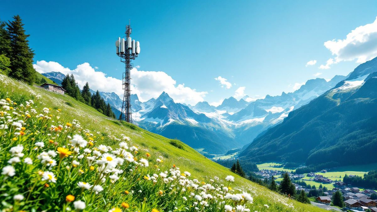 A mobile phone antenna mast on an alpine meadow above a Swiss village and snowy peaks