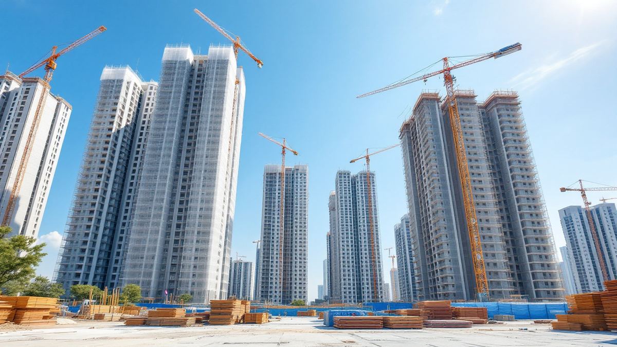 Residential tower blocks under construction with tower cranes against a blue sky