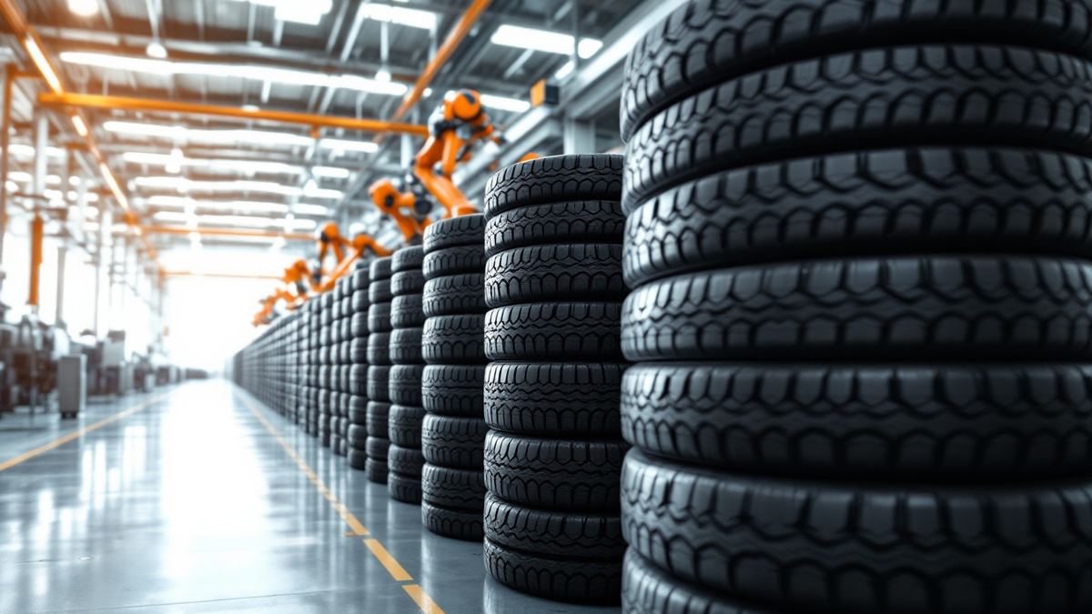 Tall stacks of new black tires beside orange robotic arms in a bright tire factory