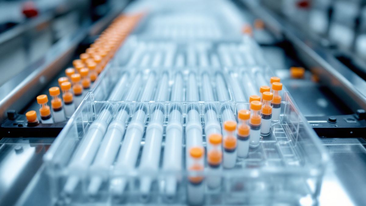 A clear plastic tray of white auto-injector pens with orange caps on a pharmaceutical packaging line