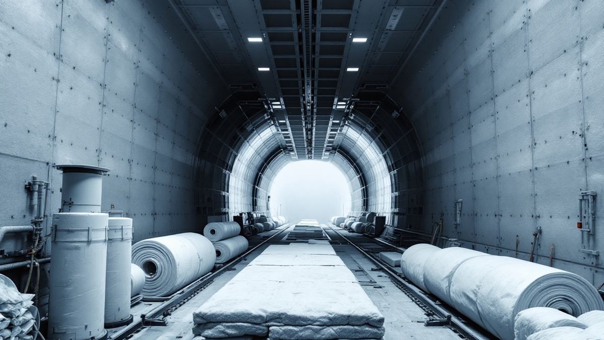 Rolls and panels of pale grey insulation lining a steel ship section under construction