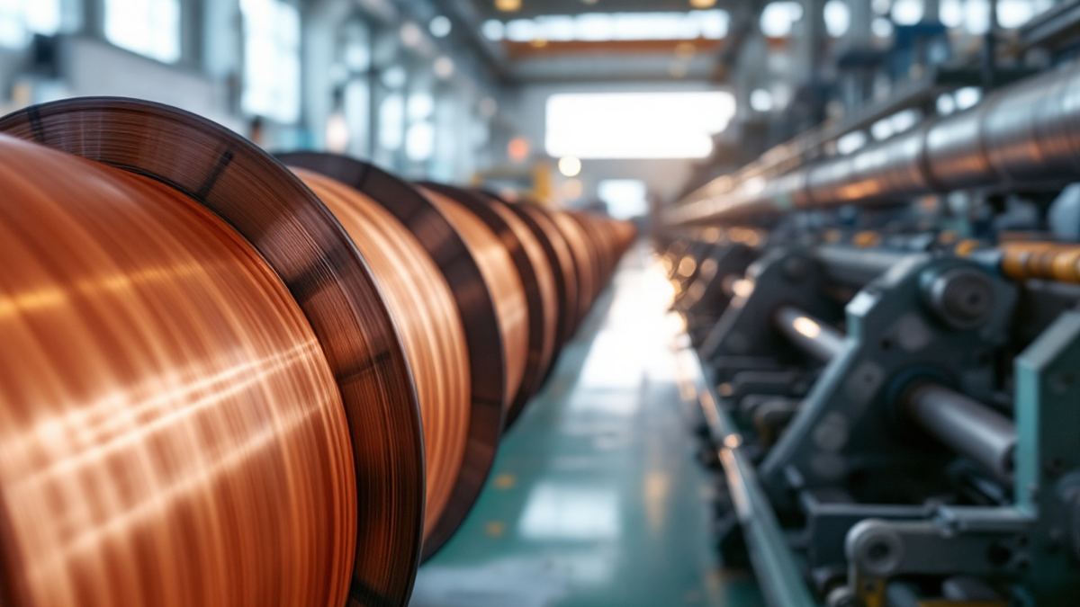 Large spools of fine copper coloured wire beside a wire drawing line in a metals plant