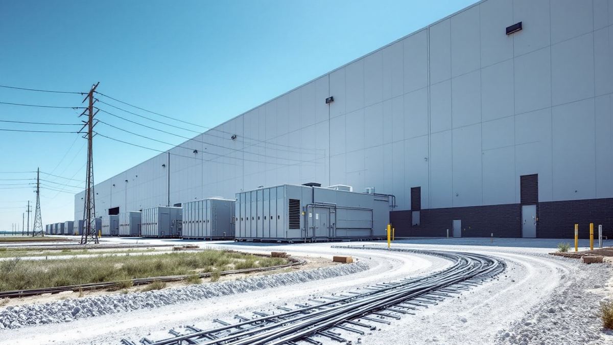 A large windowless data centre building with rows of grey power equipment on gravel under a blue sky