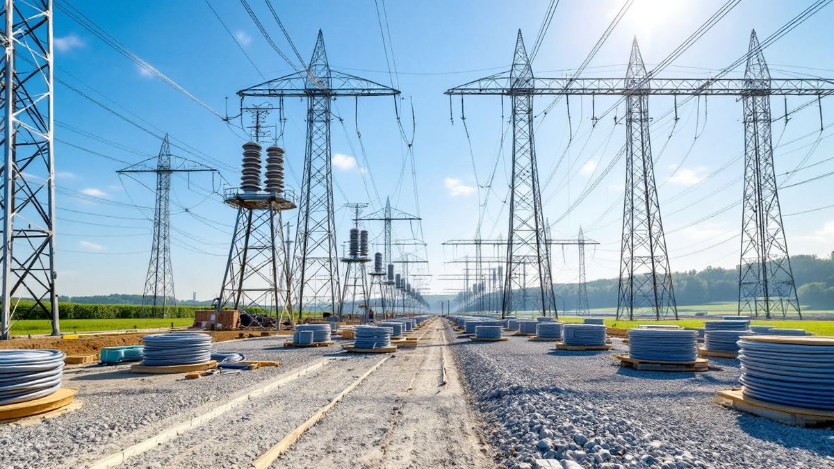 A new electricity substation with steel lattice gantries and cable drums in green countryside