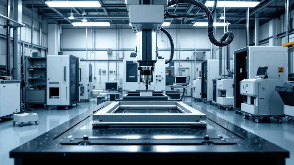 A coordinate measuring machine measuring a metal frame in a bright precision engineering lab