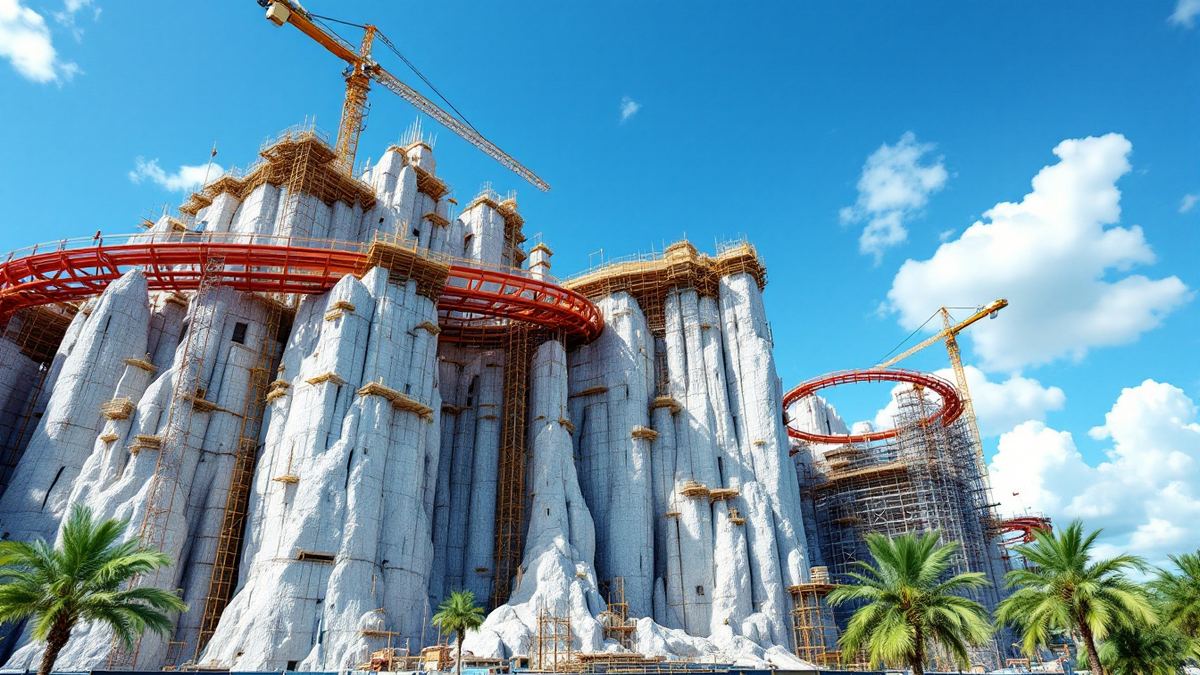 Theme park rockwork and red roller coaster track under construction with cranes and palm trees