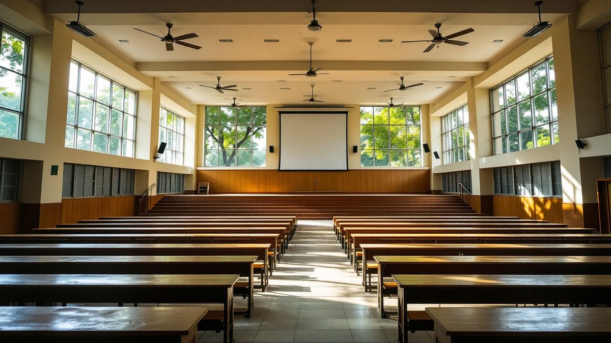An empty university lecture hall with rows of wooden benches, ceiling fans and tall green windows