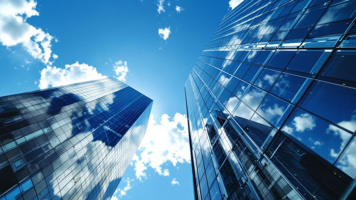 Glass office towers in the City of London reflecting clouds against a blue sky