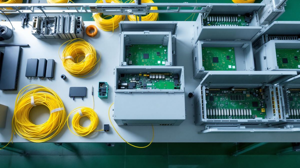 Open network router units with green circuit boards and coils of yellow optical fibre on an assembly bench
