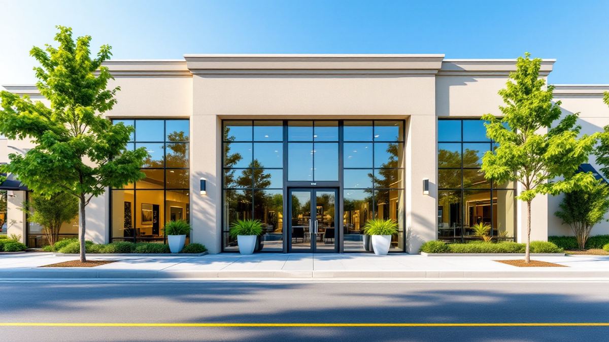 The glass and pale stone front of a modern bank branch on a sunny street lined with young trees