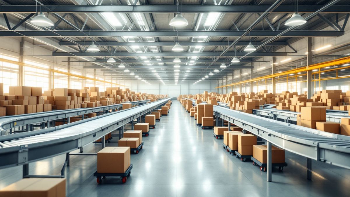 Long rows of roller conveyors and stacked brown parcels inside a bright parcel sorting centre